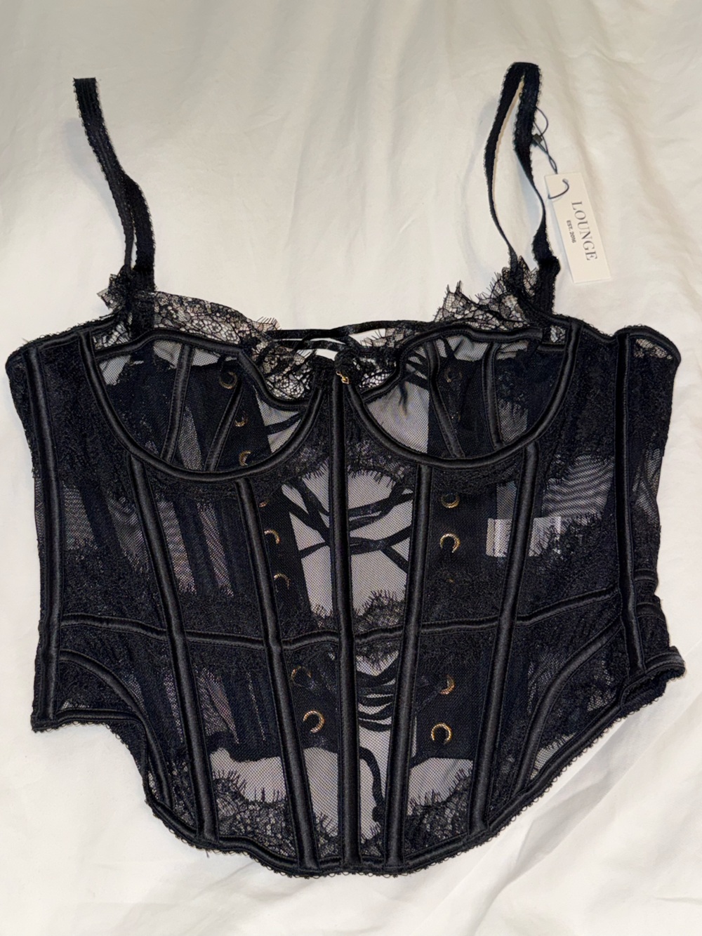 NWT LOUNGE Alessia See-through Corset Top Lace Mesh in Black in size SMALL